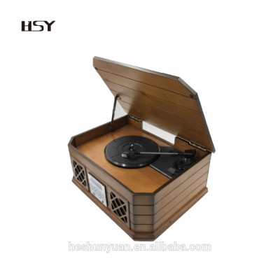 Retro wooden vinyl turntable player with DAB FM radio